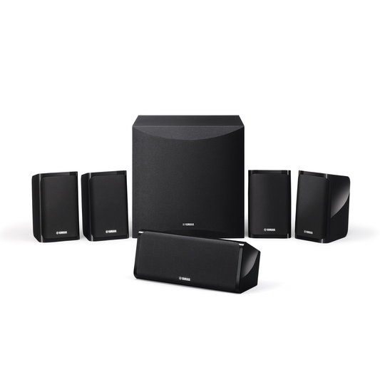 Yamaha NS-P41 5.1-Lautsprecherset Schwarz Frontansicht mit Subwoofer, Center und vier Satelliten