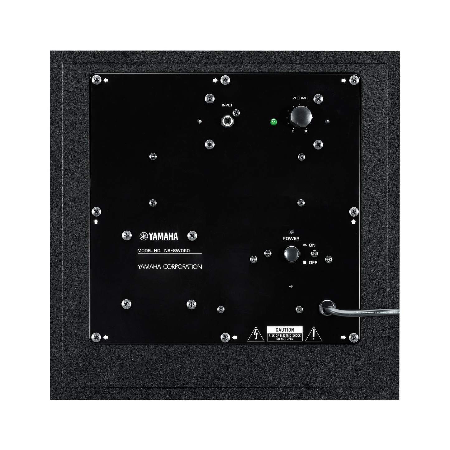 Yamaha NS-SW050 Subwoofer Schwarz Anschlussfeld mit Cinch-Eingang, Lautstärkeregler und Netzschalter