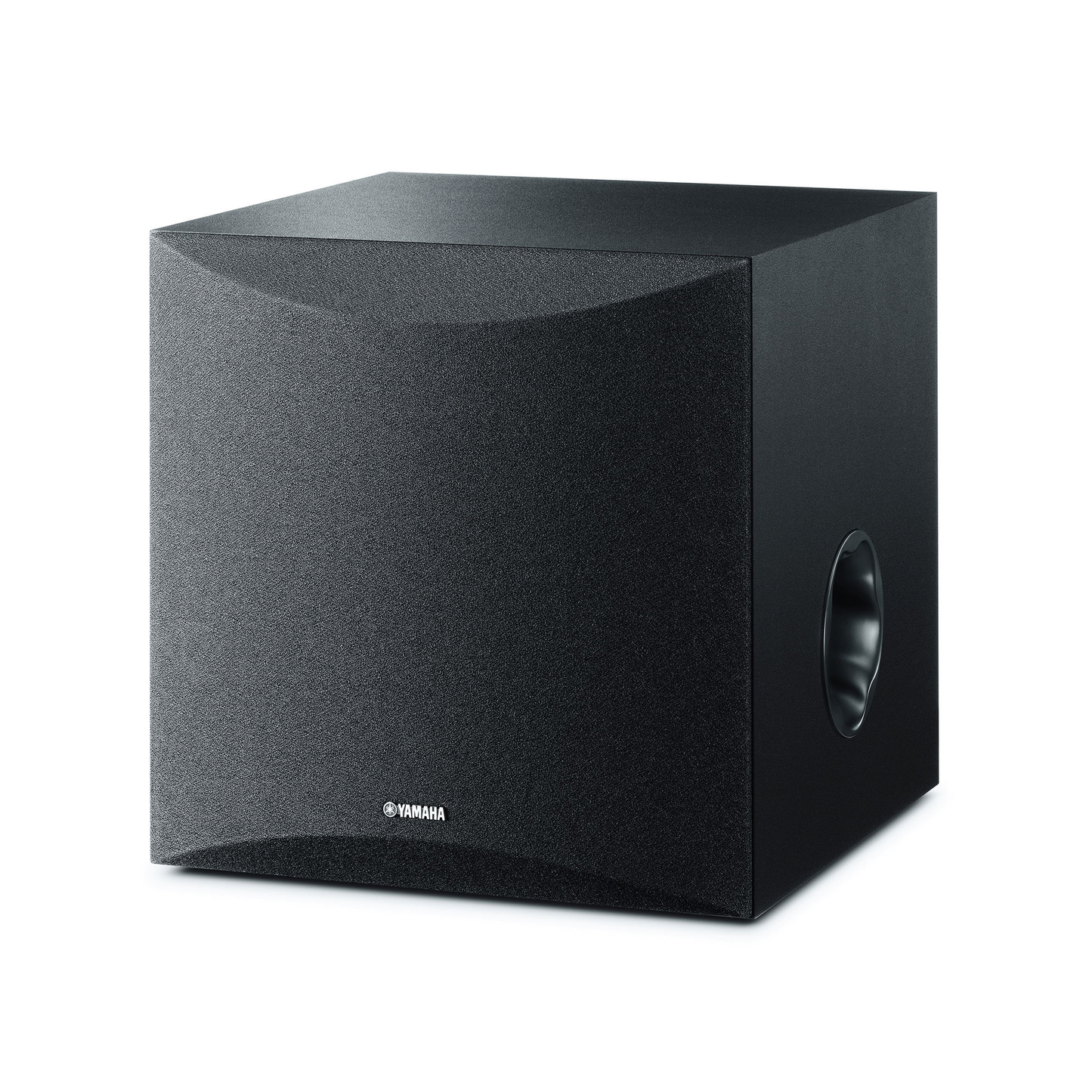 Yamaha NS-SW050 Subwoofer Schwarz Schrägansicht mit Frontgitter und seitlicher Bassreflexöffnung