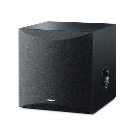 Yamaha NS-SW050 Subwoofer Schwarz Schrägansicht mit Frontgitter und seitlicher Bassreflexöffnung