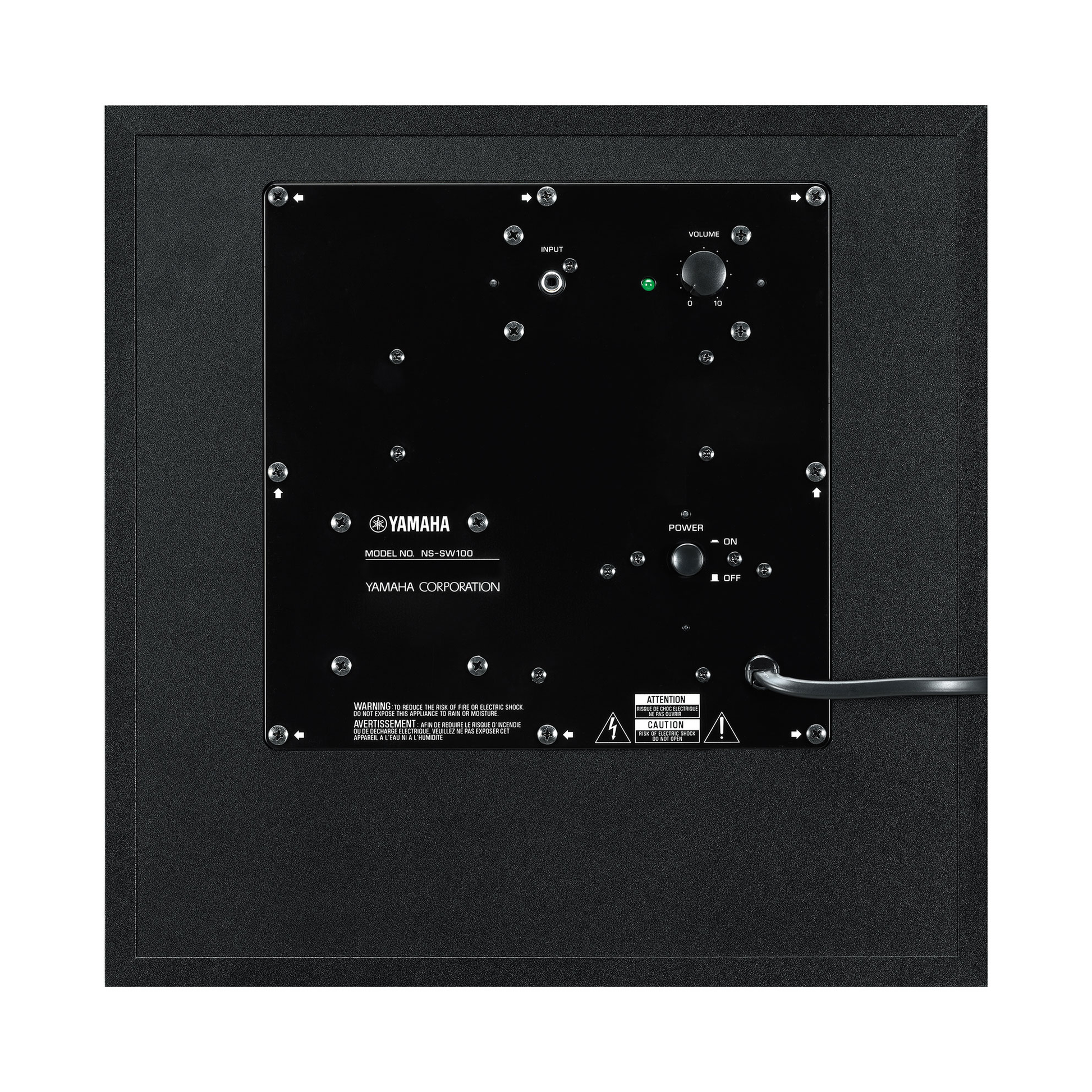Yamaha NS-SW100 Subwoofer Schwarz Anschlussfeld mit Cinch-Eingang, Lautstärkeregler und Netzschalter