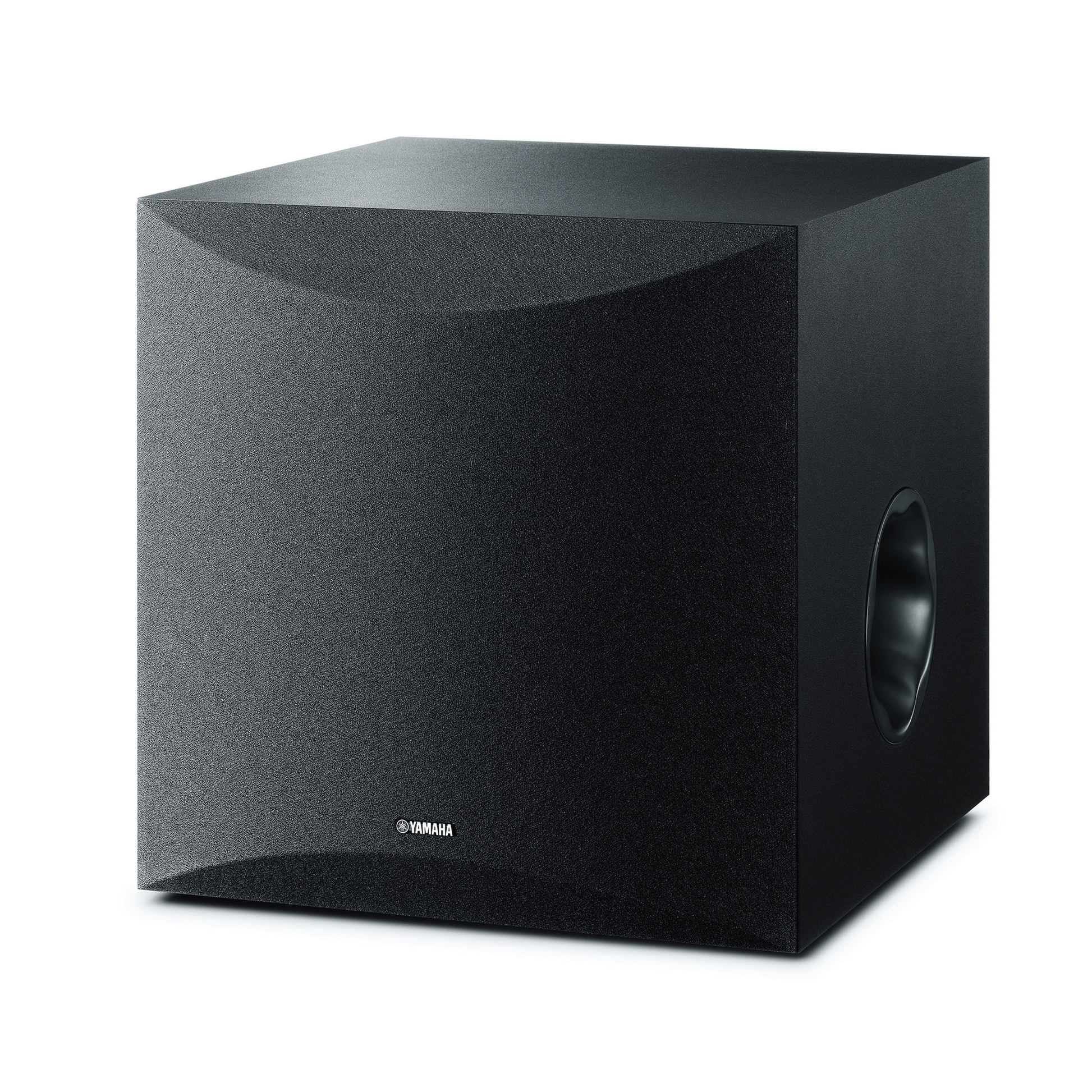 Yamaha NS-SW100 Subwoofer Schwarz Schrägansicht mit Frontgitter und seitlicher Bassreflexöffnung