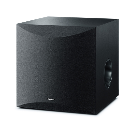 Yamaha NS-SW100 Subwoofer Schwarz Schrägansicht mit Frontgitter und seitlicher Bassreflexöffnung