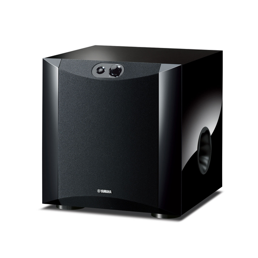 Yamaha NS-SW200 Subwoofer Klavierlack Schwarz Schrägansicht mit Frontgitter und Bassreflexöffnung