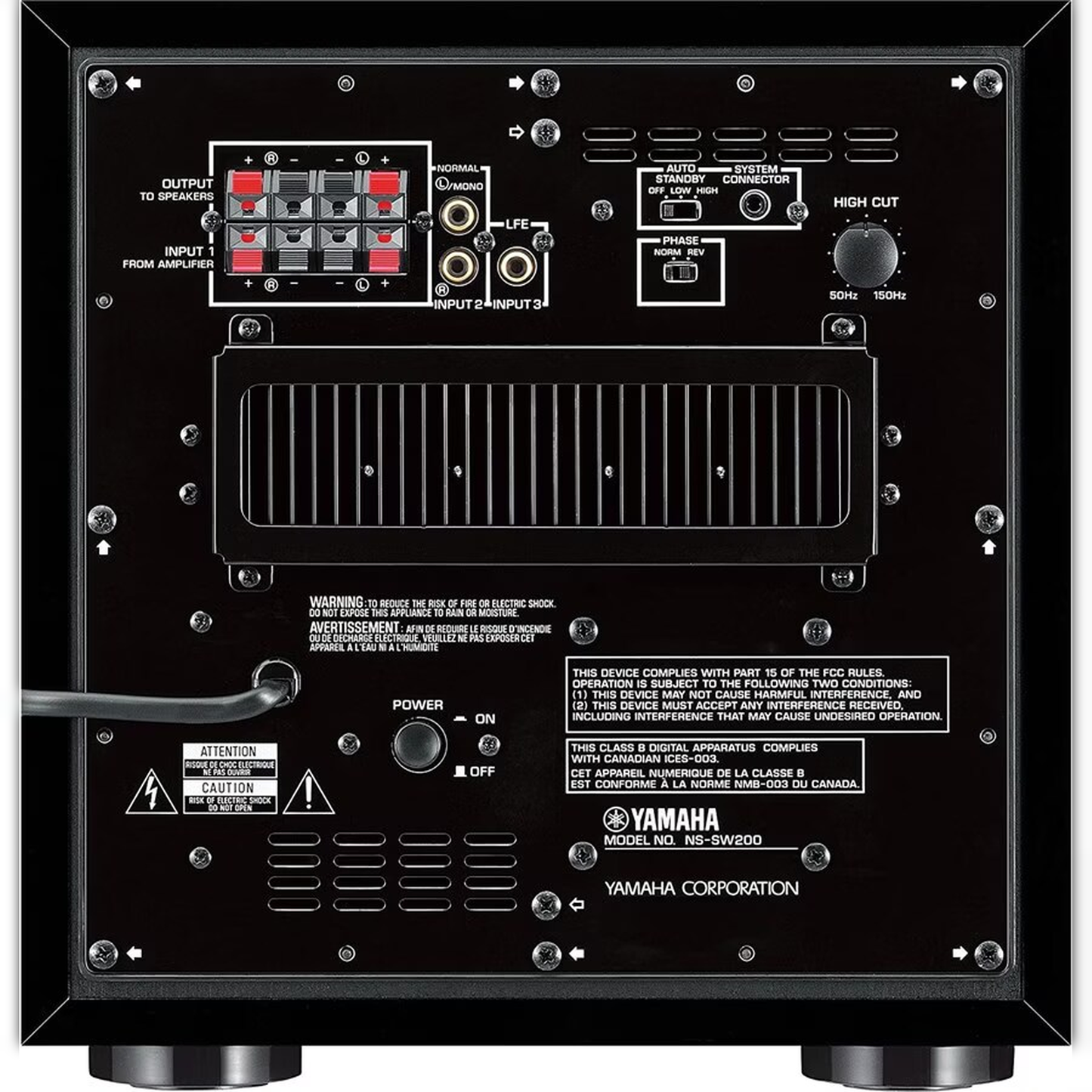 Yamaha NS-SW200 Subwoofer Klavierlack Anschlussfeld mit Cinch-Eingang und Pegelregler (Foto der schwarzen Ausführung)