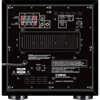 Yamaha NS-SW200 Subwoofer Klavierlack Anschlussfeld mit Cinch-Eingang und Pegelregler (Foto der schwarzen Ausführung)
