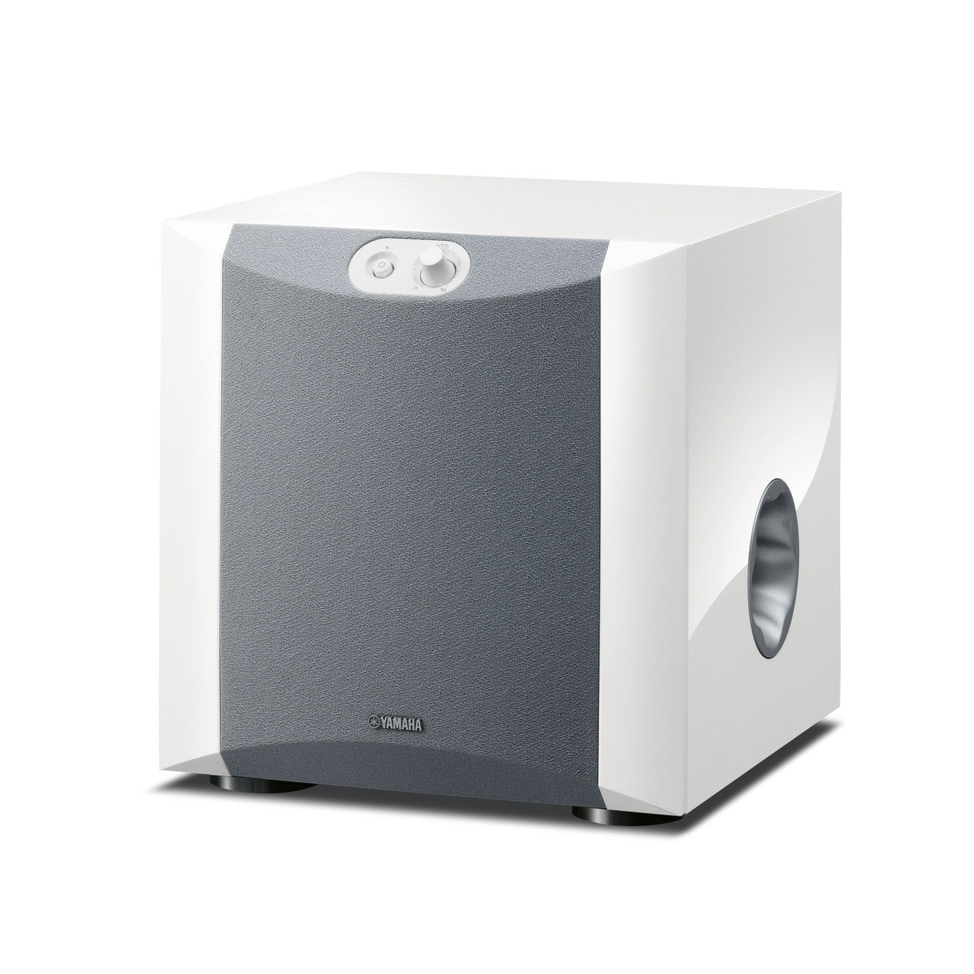 Yamaha NS-SW200 Subwoofer Klavierlack Weiss Schrägansicht mit Frontgitter und Bassreflexöffnung