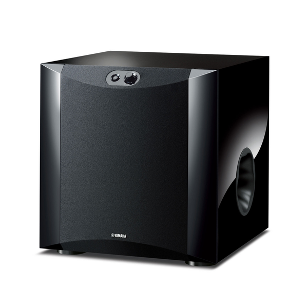 Yamaha NS-SW300 Subwoofer Klavierlack Schwarz Schrägansicht mit Frontgitter und Bassreflexöffnung