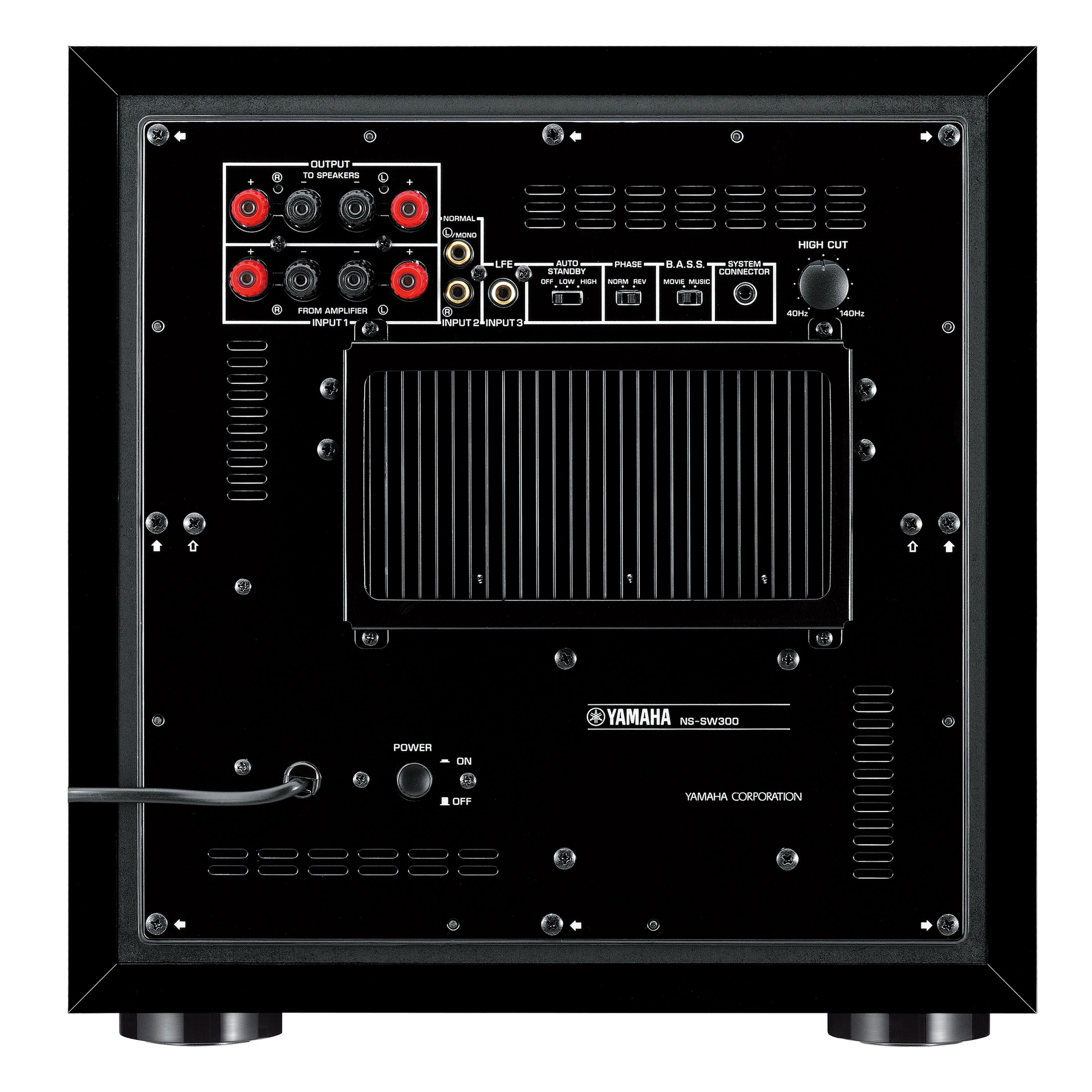 Yamaha NS-SW300 Subwoofer Klavierlack Anschlussfeld mit Eingängen und Pegelregler (Foto der schwarzen Ausführung)
