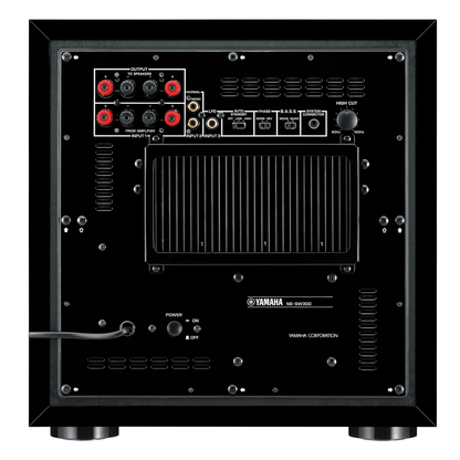 Yamaha NS-SW300 Subwoofer Klavierlack Anschlussfeld mit Eingängen und Pegelregler (Foto der schwarzen Ausführung)