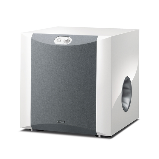 Yamaha NS-SW300 Subwoofer Klavierlack Weiss Schrägansicht mit Frontgitter und Bassreflexöffnung