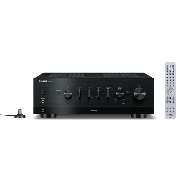 Yamaha R-N1000A Netzwerk-Receiver mit HDMI Schwarz Frontansicht mit Fernbedienung und DAB-Antenne