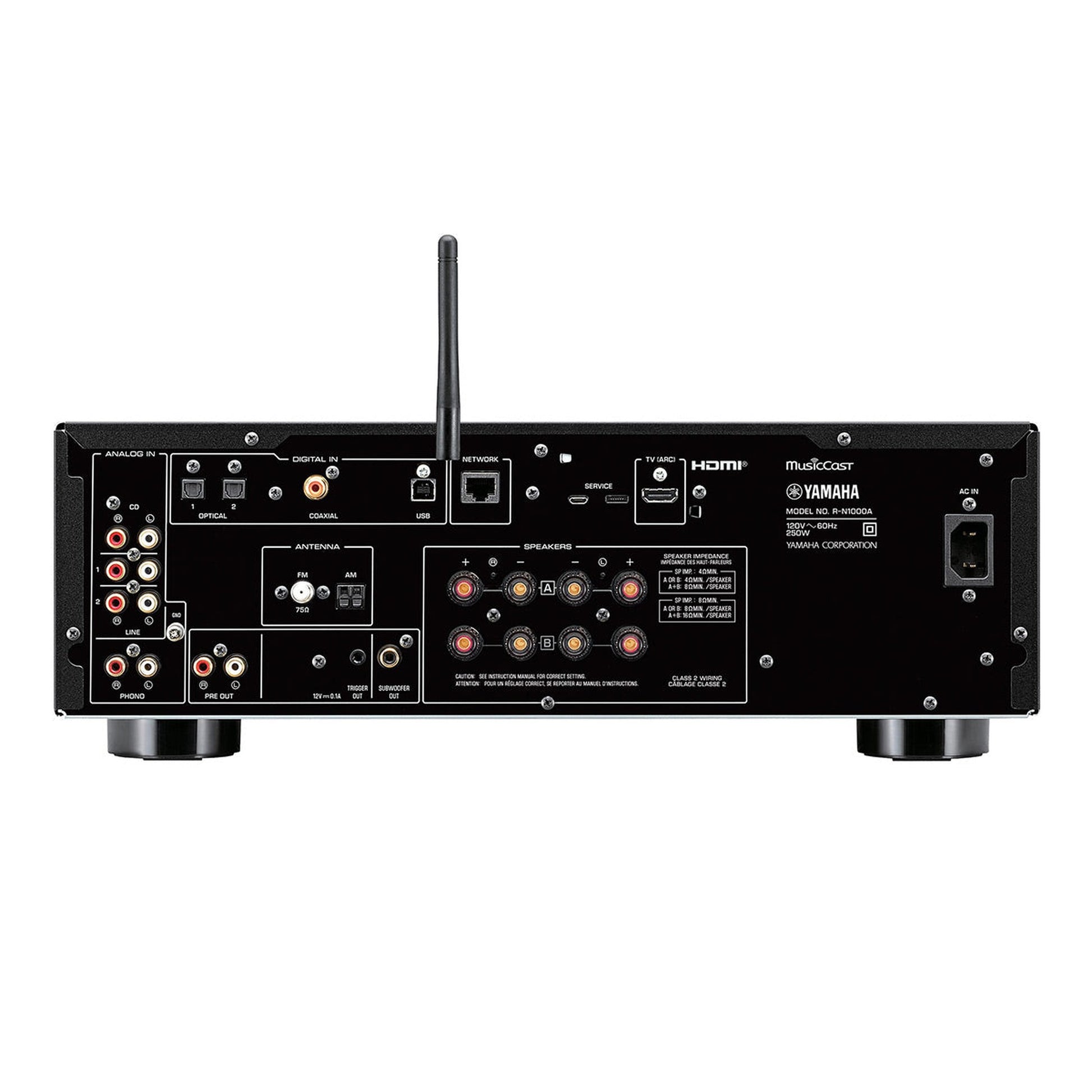 Yamaha R-N1000A Netzwerk-Receiver mit HDMI Schwarz Rückansicht mit HDMI-ARC, Boxenklemmen und Netzwerkbuchse