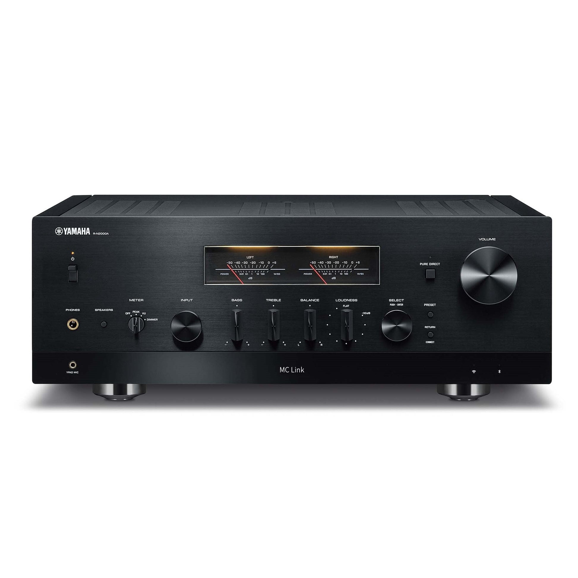 Yamaha R-N2000A Netzwerk-Receiver Schwarz Frontansicht mit Pegelmetern und Lautstärkeregler