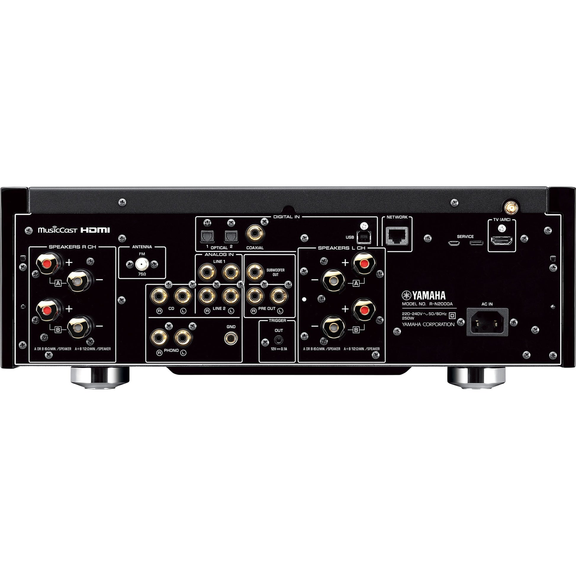 Yamaha R-N2000A Netzwerk-Receiver Schwarz Rückansicht mit Lautsprecherterminals, Phono-Eingang und Netzwerkanschluss