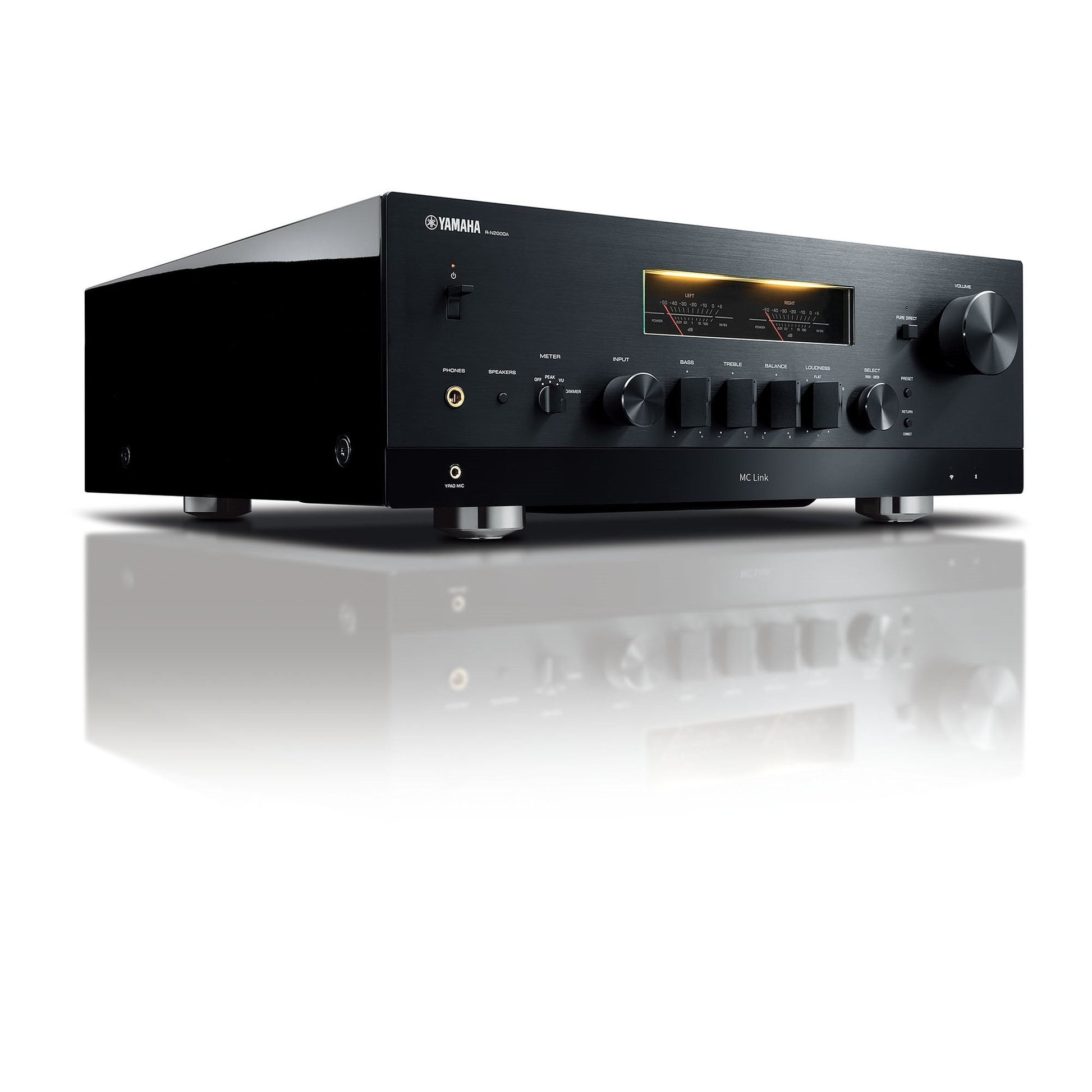 Yamaha R-N2000A Netzwerk-Receiver Schwarz Schrägansicht von vorne links mit Pegelmetern