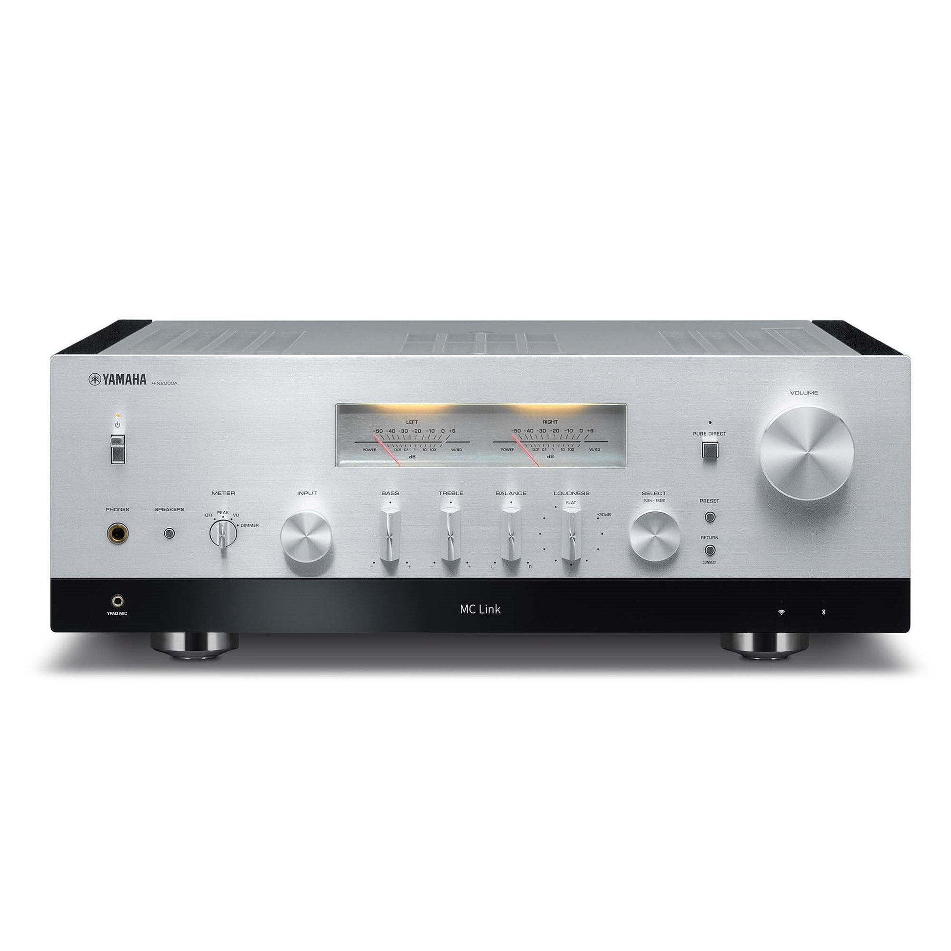 Yamaha R-N2000A Netzwerk-Receiver Silber Frontansicht mit Pegelmetern und Lautstärkeregler