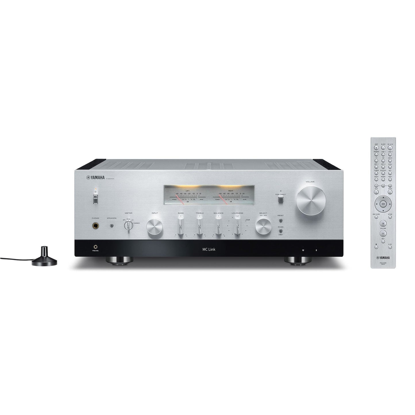 Yamaha R-N2000A Netzwerk-Receiver Silber Frontansicht mit Fernbedienung und DAB-Antenne