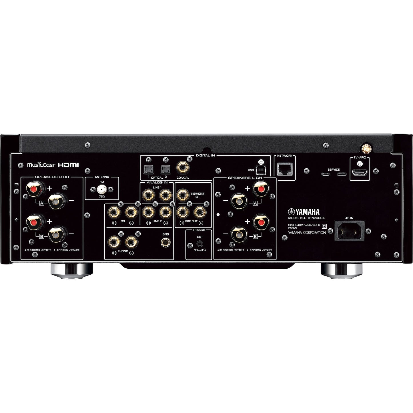 Yamaha R-N2000A Netzwerk-Receiver Silber Rückansicht mit den Anschlüssen für Lautsprecher, Plattenspieler und Netzwerk