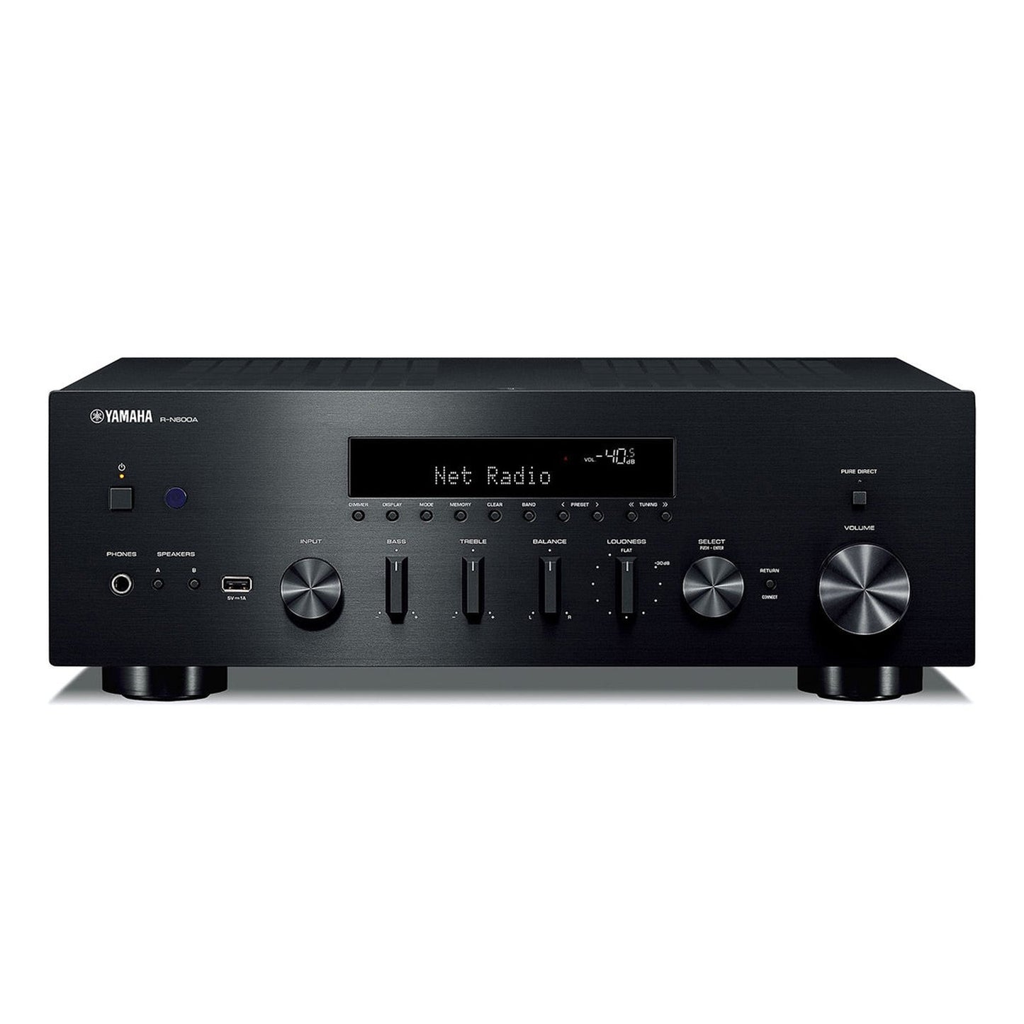 Yamaha R-N600A MusicCast Netzwerk-Receiver Schwarz Frontansicht mit Display, Quellenwahl und Lautstärkeregler