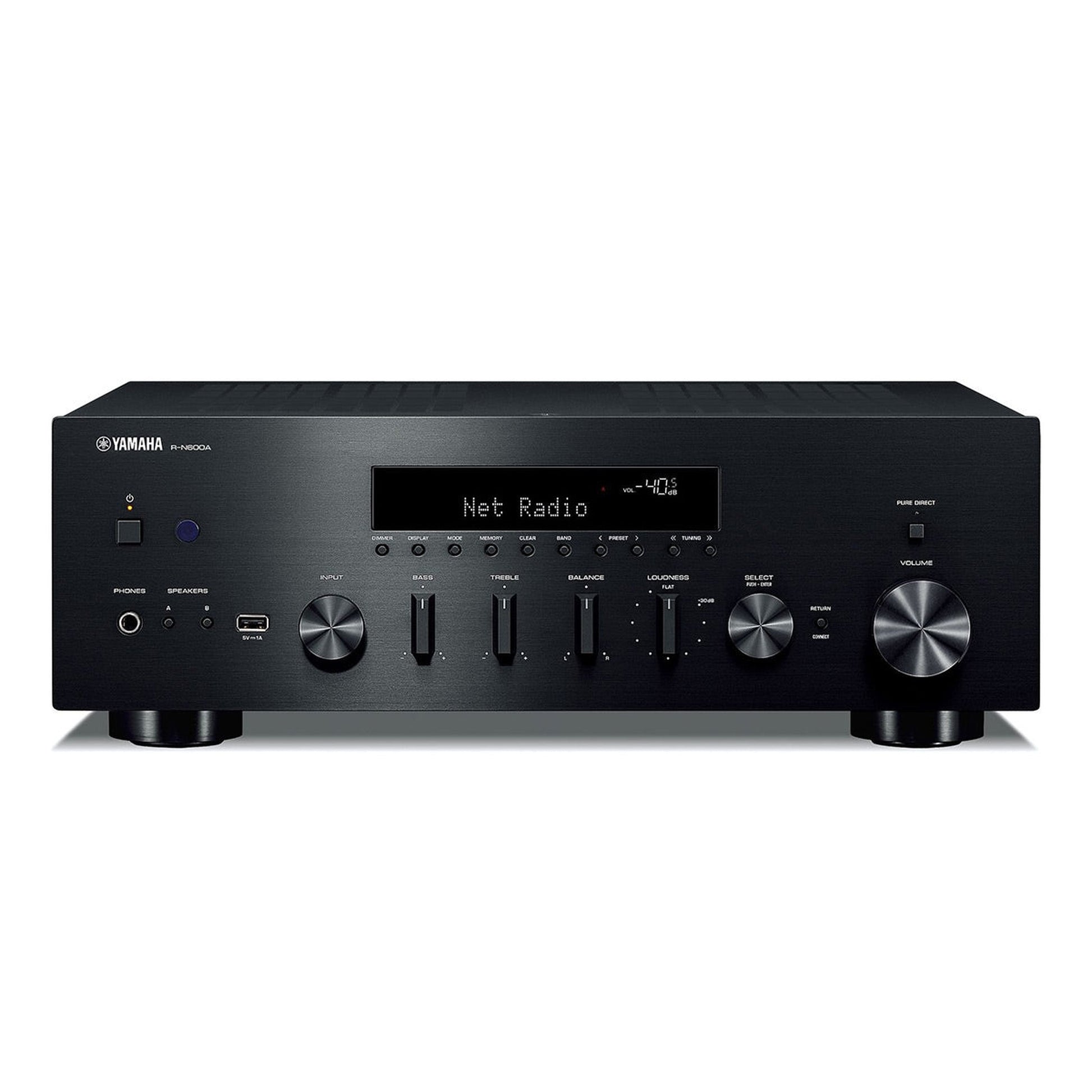 Yamaha R-N600A MusicCast Netzwerk-Receiver Schwarz Frontansicht mit Display, Quellenwahl und Lautstärkeregler