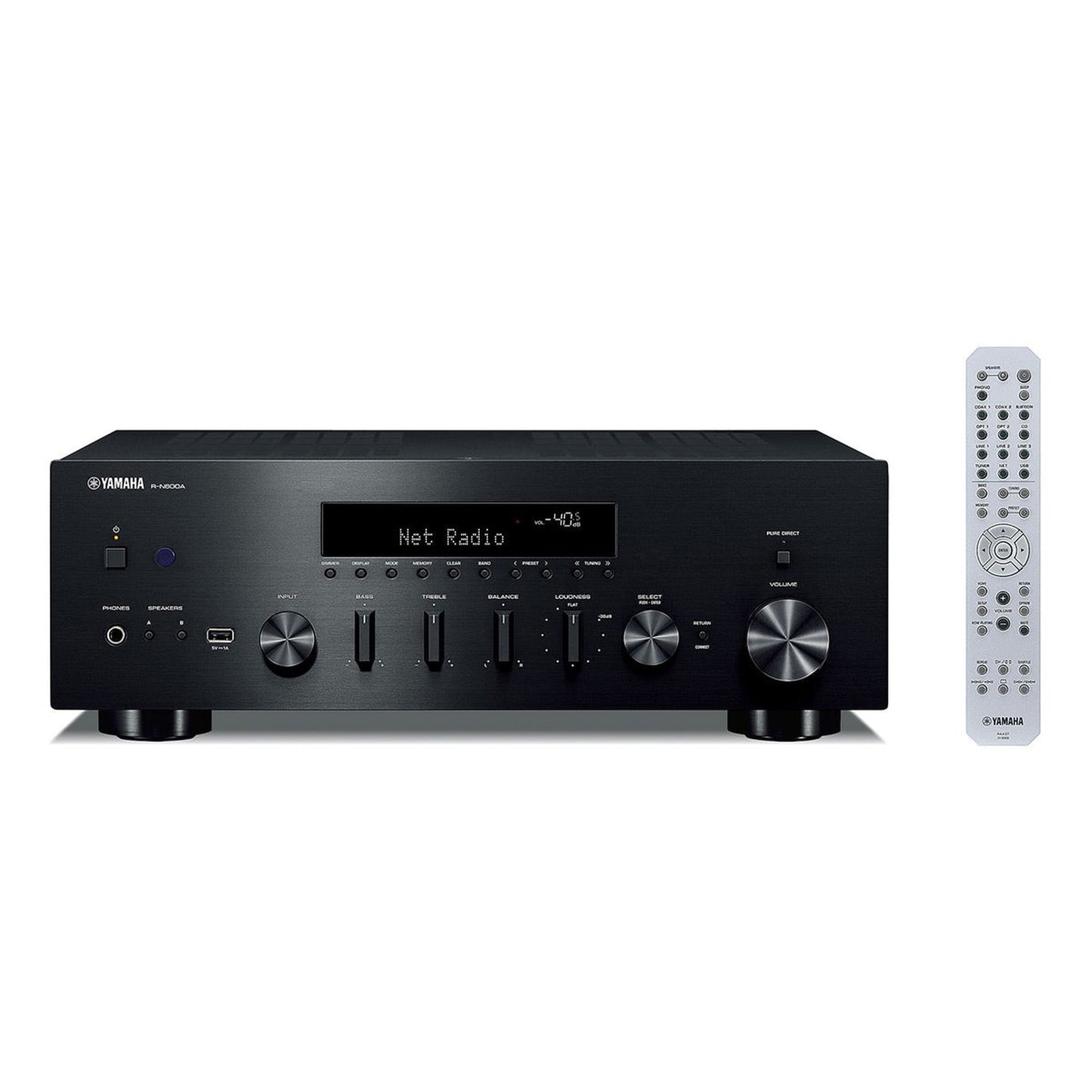 Yamaha R-N600A MusicCast Netzwerk-Receiver Schwarz Frontansicht mit Fernbedienung, Antenne und beleuchtetem Display