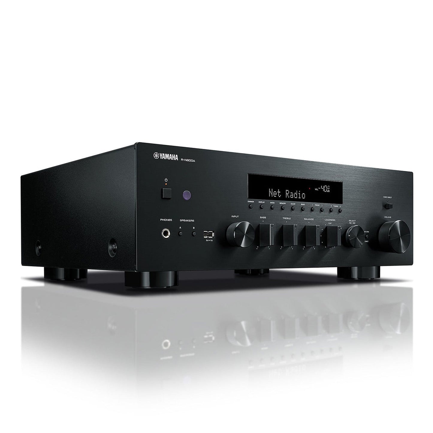 Yamaha R-N600A MusicCast Netzwerk-Receiver Schwarz Schrägansicht von vorne rechts mit gebürsteter Frontblende