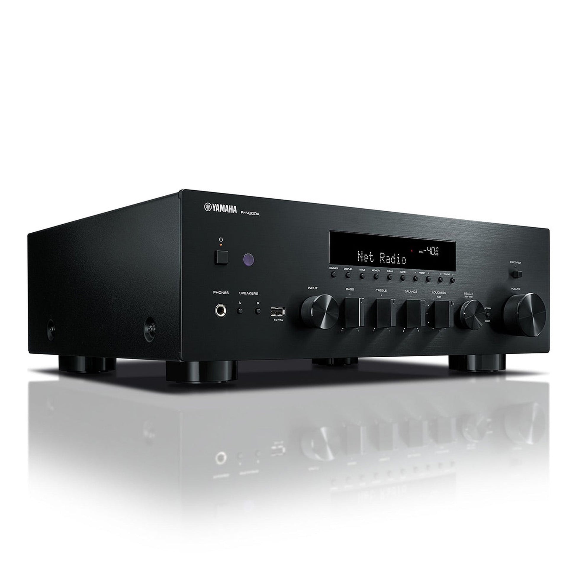 Yamaha R-N600A MusicCast Netzwerk-Receiver Schwarz Schrägansicht von vorne rechts mit gebürsteter Frontblende