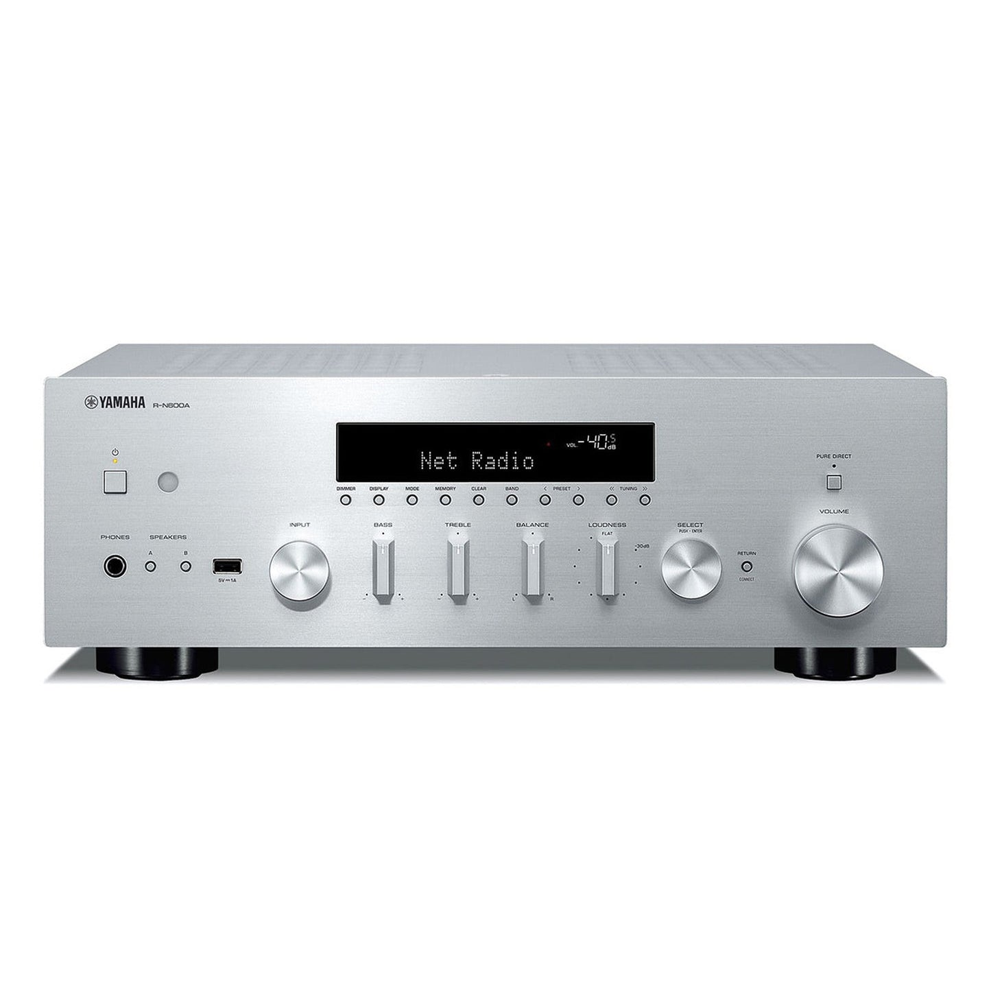 Yamaha R-N600A MusicCast Netzwerk-Receiver Silber Frontansicht mit Display, Quellenwahl und Lautstärkeregler