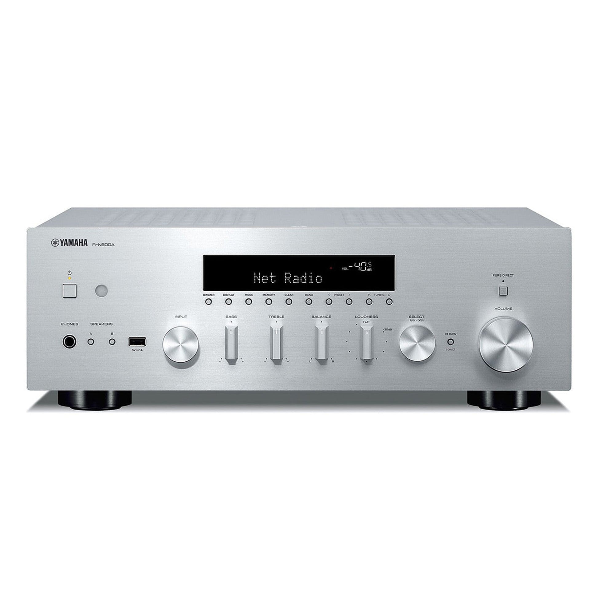 Yamaha R-N600A MusicCast Netzwerk-Receiver Silber Frontansicht mit Display, Quellenwahl und Lautstärkeregler