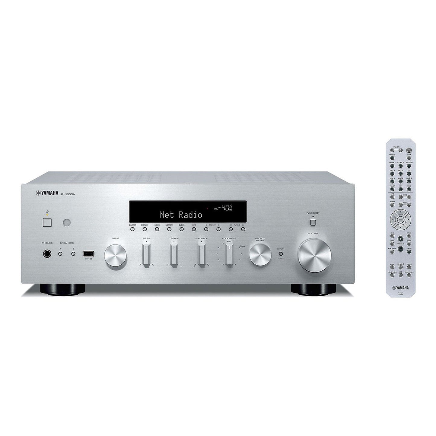 Yamaha R-N600A MusicCast Netzwerk-Receiver Silber Frontansicht mit Fernbedienung, Antenne und beleuchtetem Display