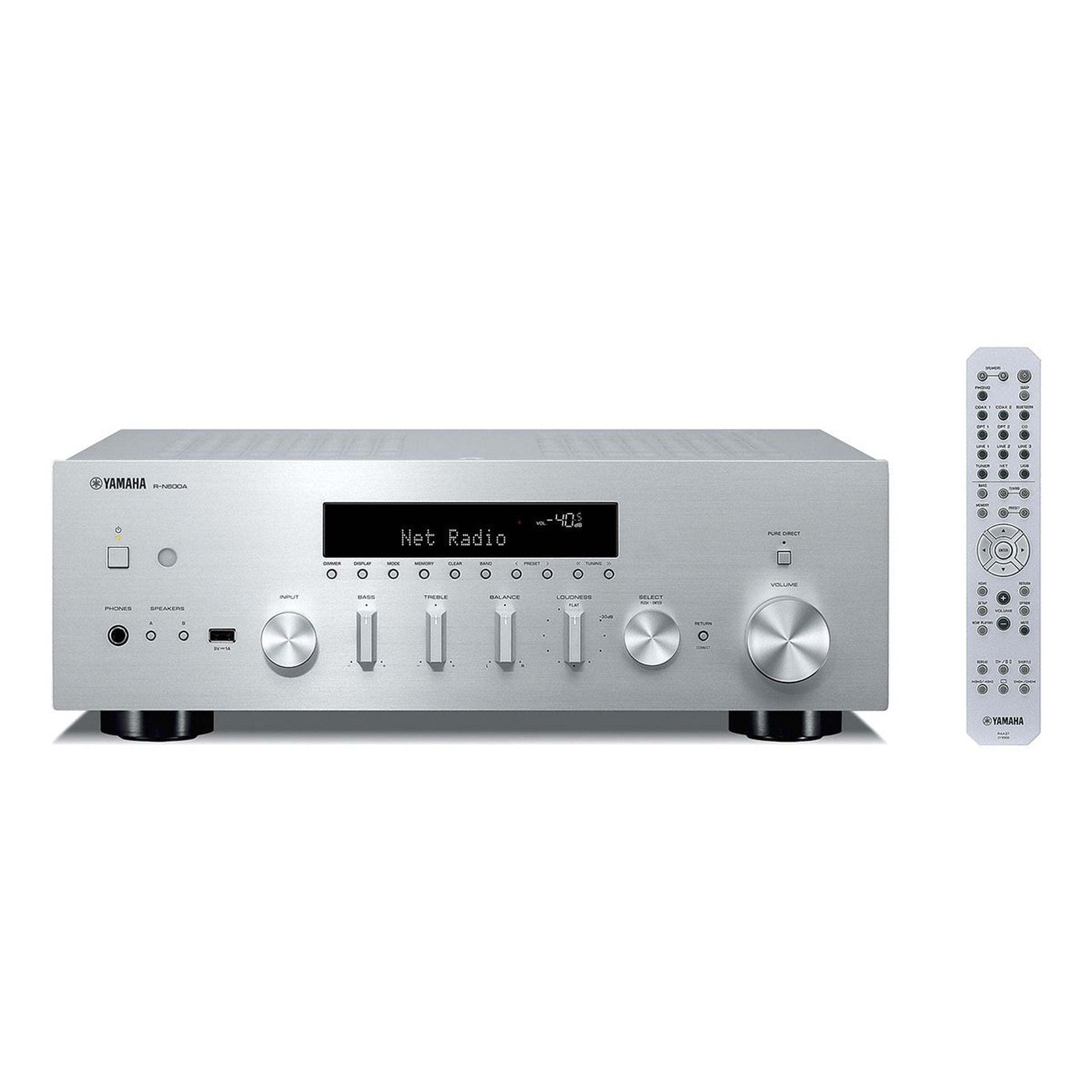 Yamaha R-N600A MusicCast Netzwerk-Receiver Silber Frontansicht mit Fernbedienung, Antenne und beleuchtetem Display