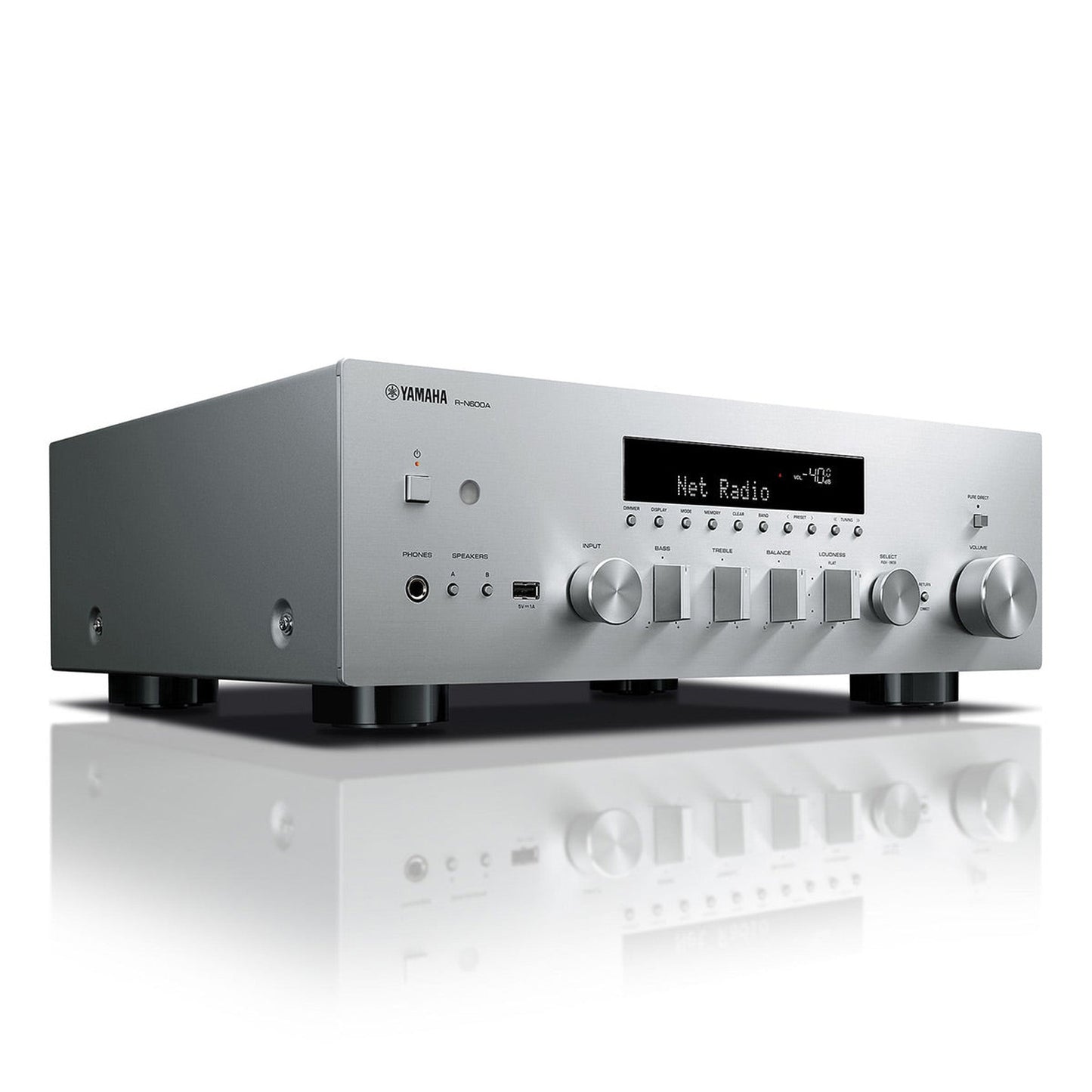 Yamaha R-N600A MusicCast Netzwerk-Receiver Silber Schrägansicht von vorne rechts mit silberner Frontblende