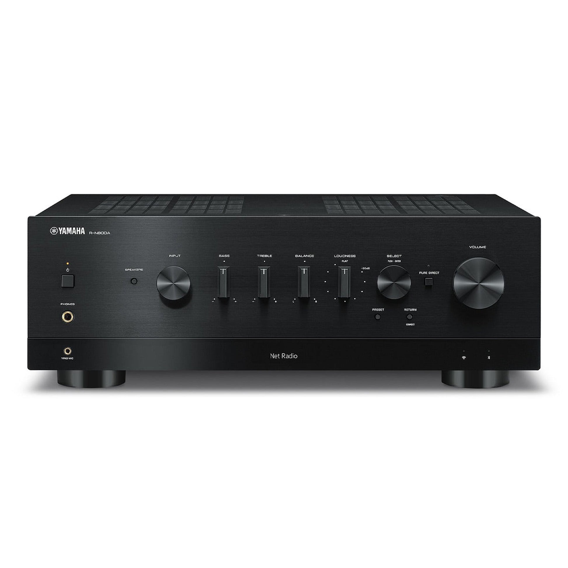 Yamaha R-N800A MusicCast Netzwerk-Receiver Schwarz Frontansicht mit Display, Klang- und Lautstärkeregler