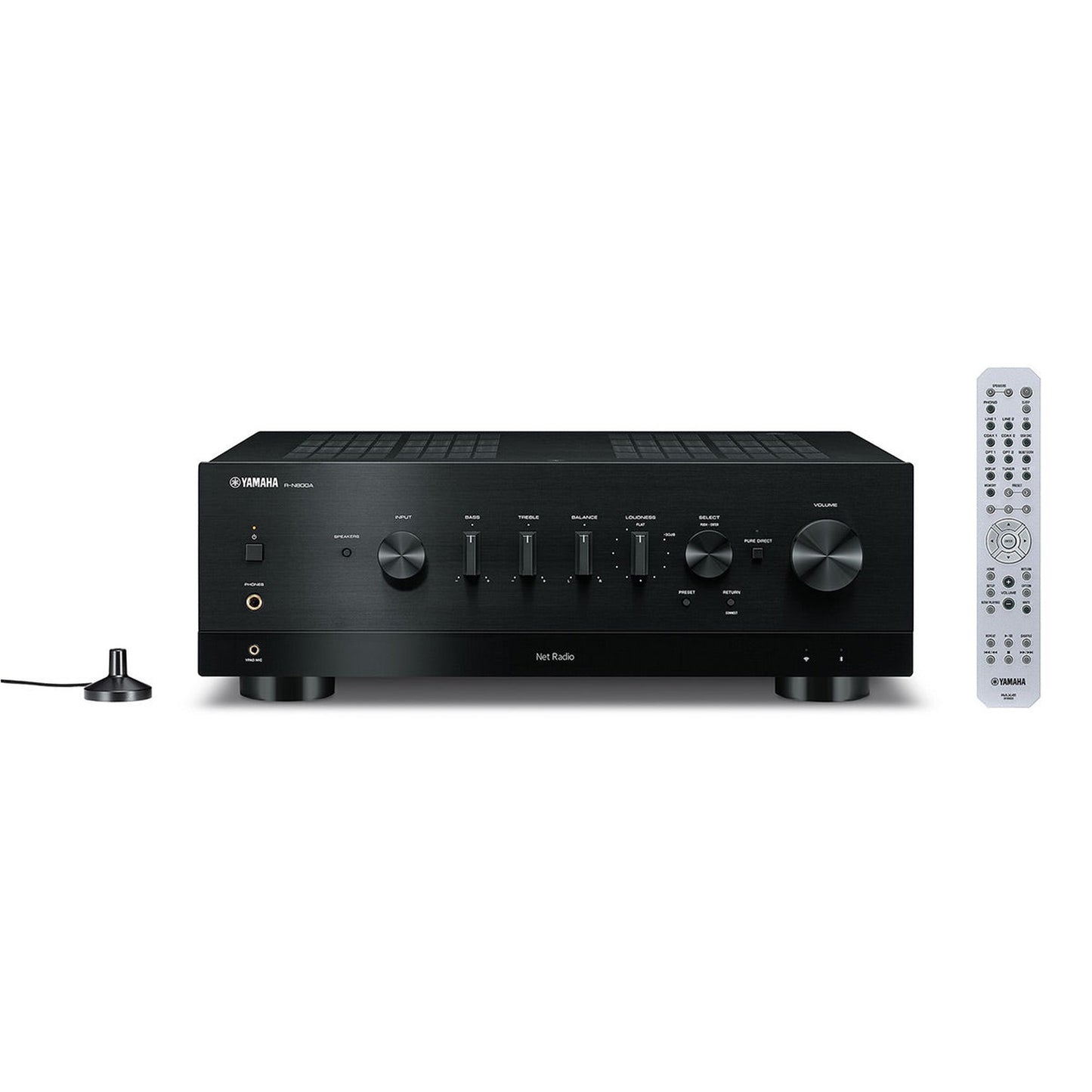 Yamaha R-N800A MusicCast Netzwerk-Receiver Schwarz Frontansicht mit Fernbedienung und DAB-Antenne