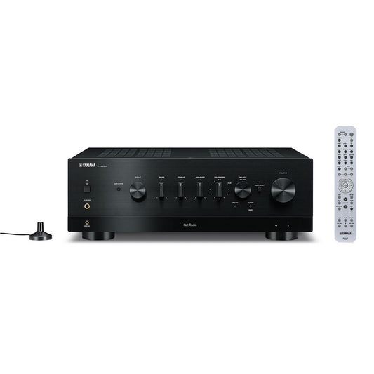 Yamaha R-N800A MusicCast Netzwerk-Receiver Schwarz Frontansicht mit Fernbedienung und DAB-Antenne