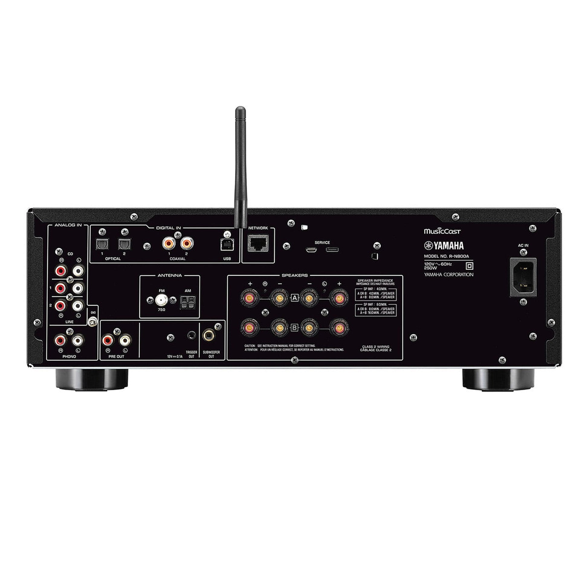Yamaha R-N800A MusicCast Netzwerk-Receiver Schwarz Rückansicht mit Boxenklemmen, Phono-Eingang und Netzwerkbuchse