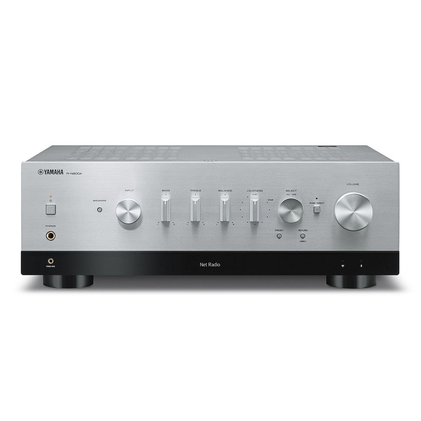 Yamaha R-N800A MusicCast Netzwerk-Receiver Silber Frontansicht mit Display, Klang- und Lautstärkeregler