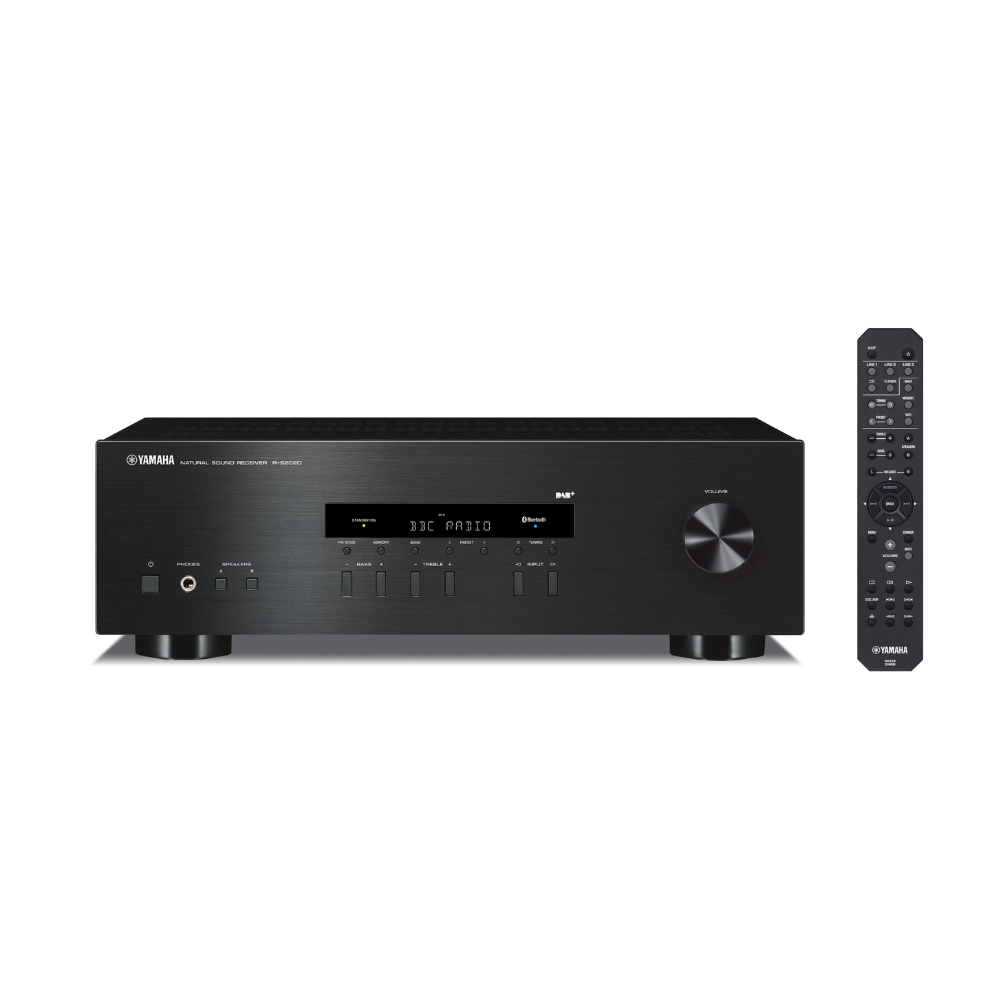 Yamaha R-S202D Stereo-Receiver mit DAB+ Schwarz Frontansicht mit Fernbedienung