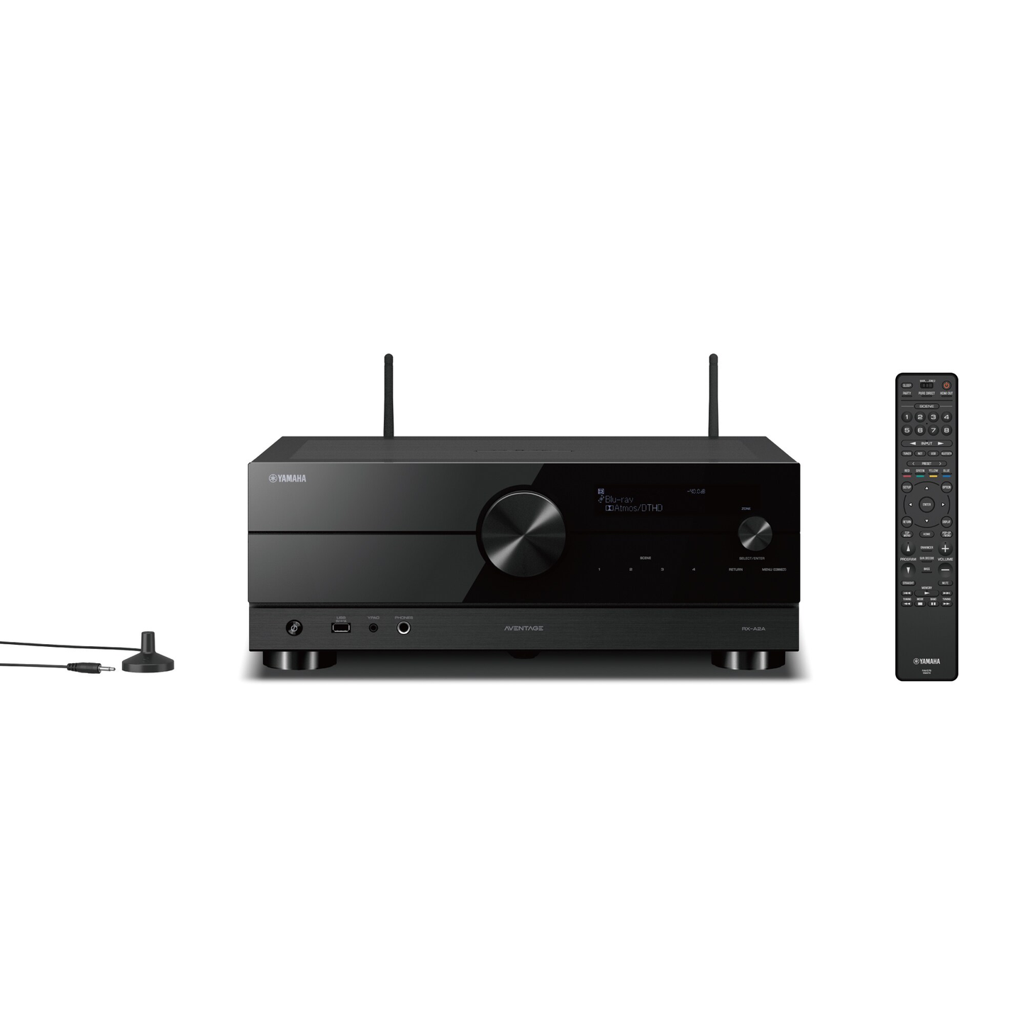 Yamaha RX-A2A AV-Receiver Schwarz Frontansicht mit aufgestellten Antennen und Fernbedienung