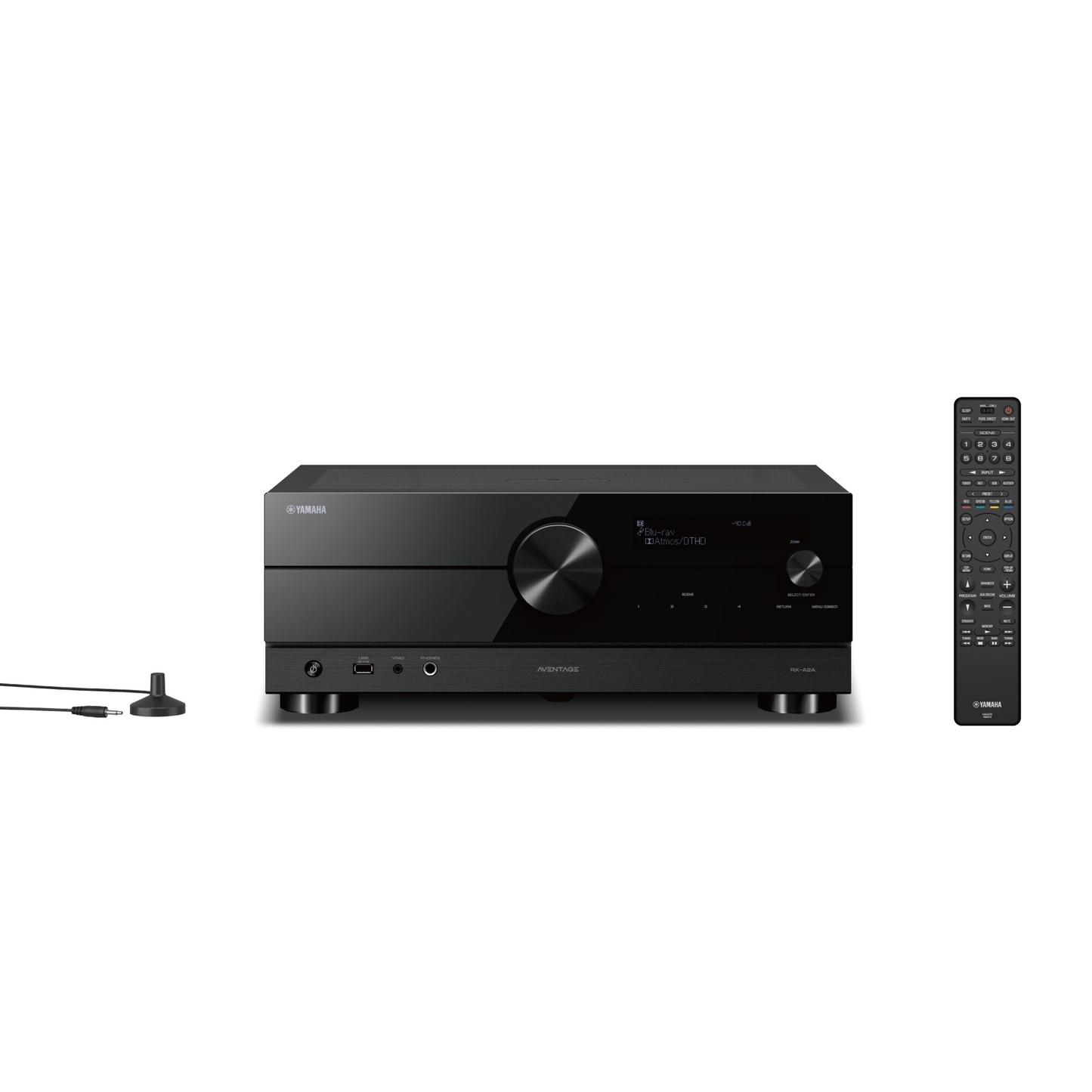 Yamaha RX-A2A AV-Receiver Schwarz Frontansicht mit Fernbedienung und Einmessmikrofon