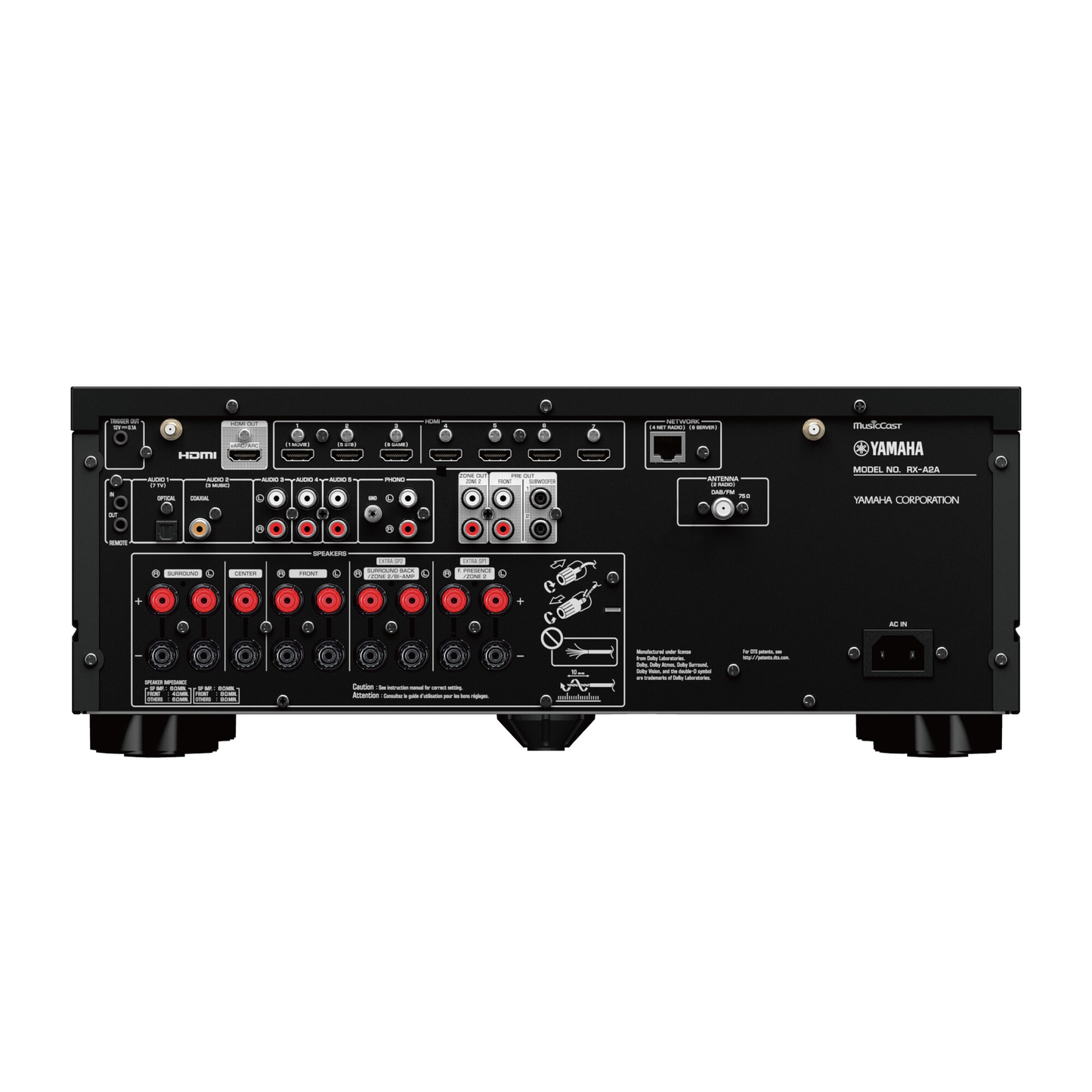 Yamaha RX-A2A AV-Receiver Schwarz Rückansicht mit HDMI-Anschlüssen und Lautsprecherterminals