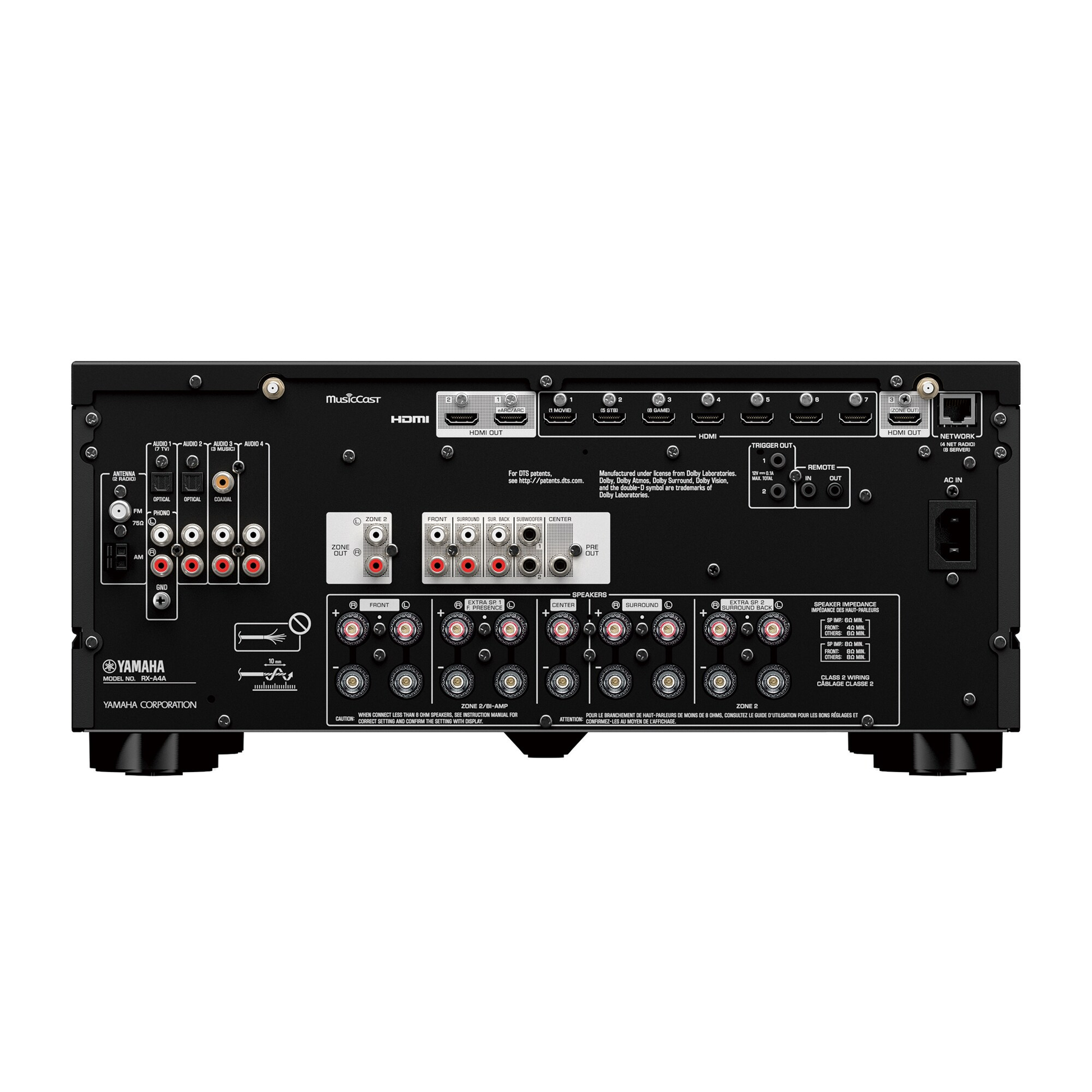 Yamaha RX-A4A AV-Receiver Schwarz Rückansicht mit HDMI-Anschlüssen, Pre-Outs und Lautsprecherterminals