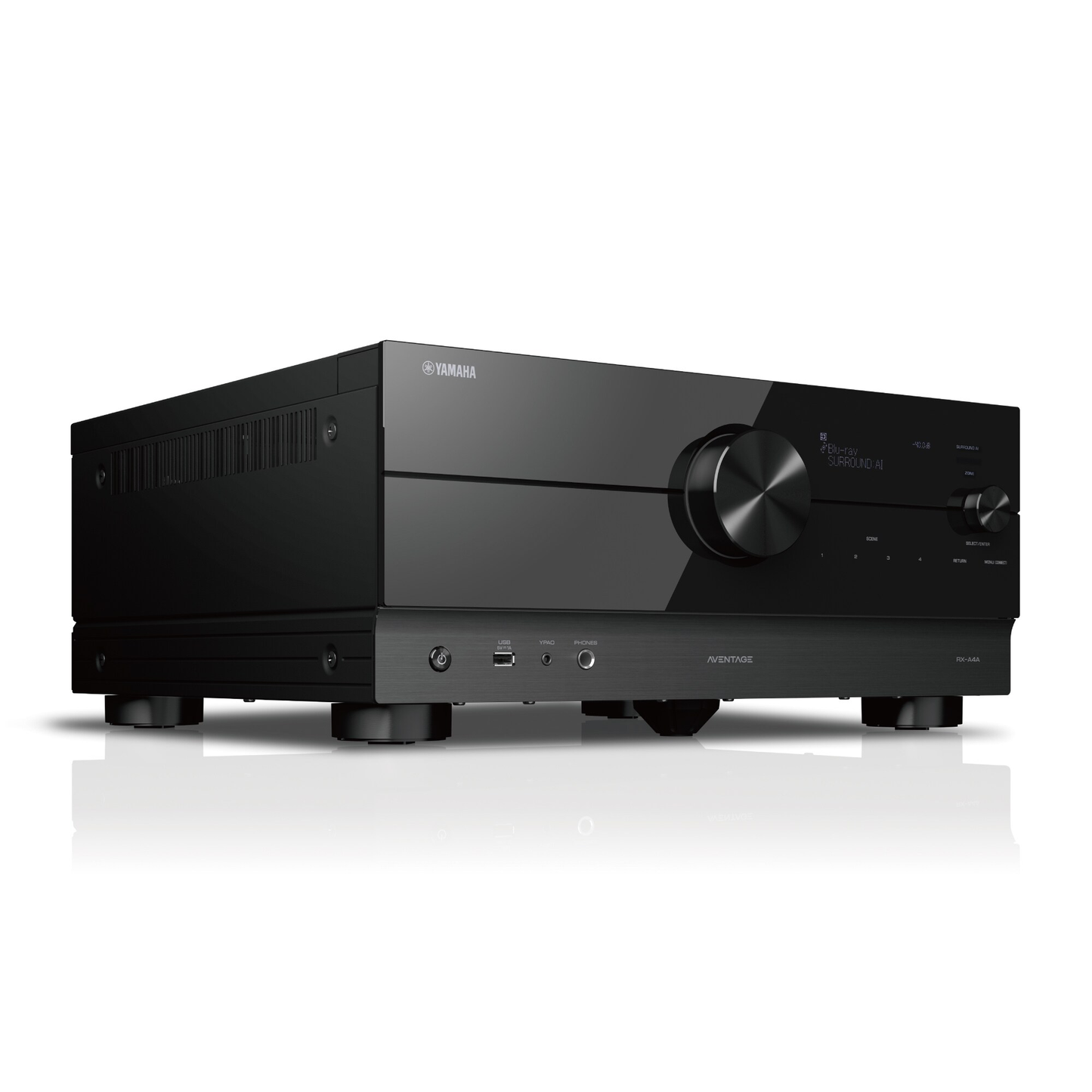 Yamaha RX-A4A AV-Receiver Schwarz Schrägansicht mit Lüftungsgitter und Lautstärkeregler