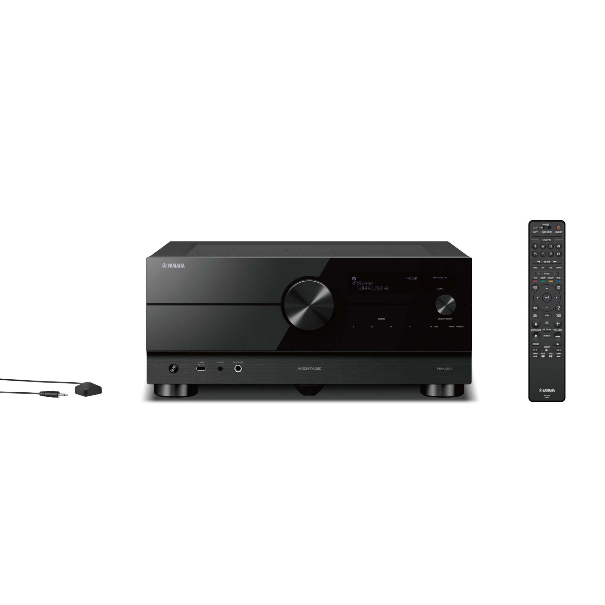 Yamaha RX-A6A AV-Receiver Schwarz Frontansicht mit Fernbedienung und Einmessmikrofon