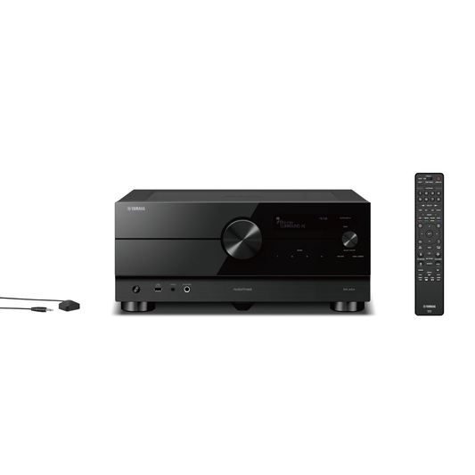 Yamaha RX-A6A AV-Receiver Schwarz Frontansicht mit Fernbedienung und Einmessmikrofon