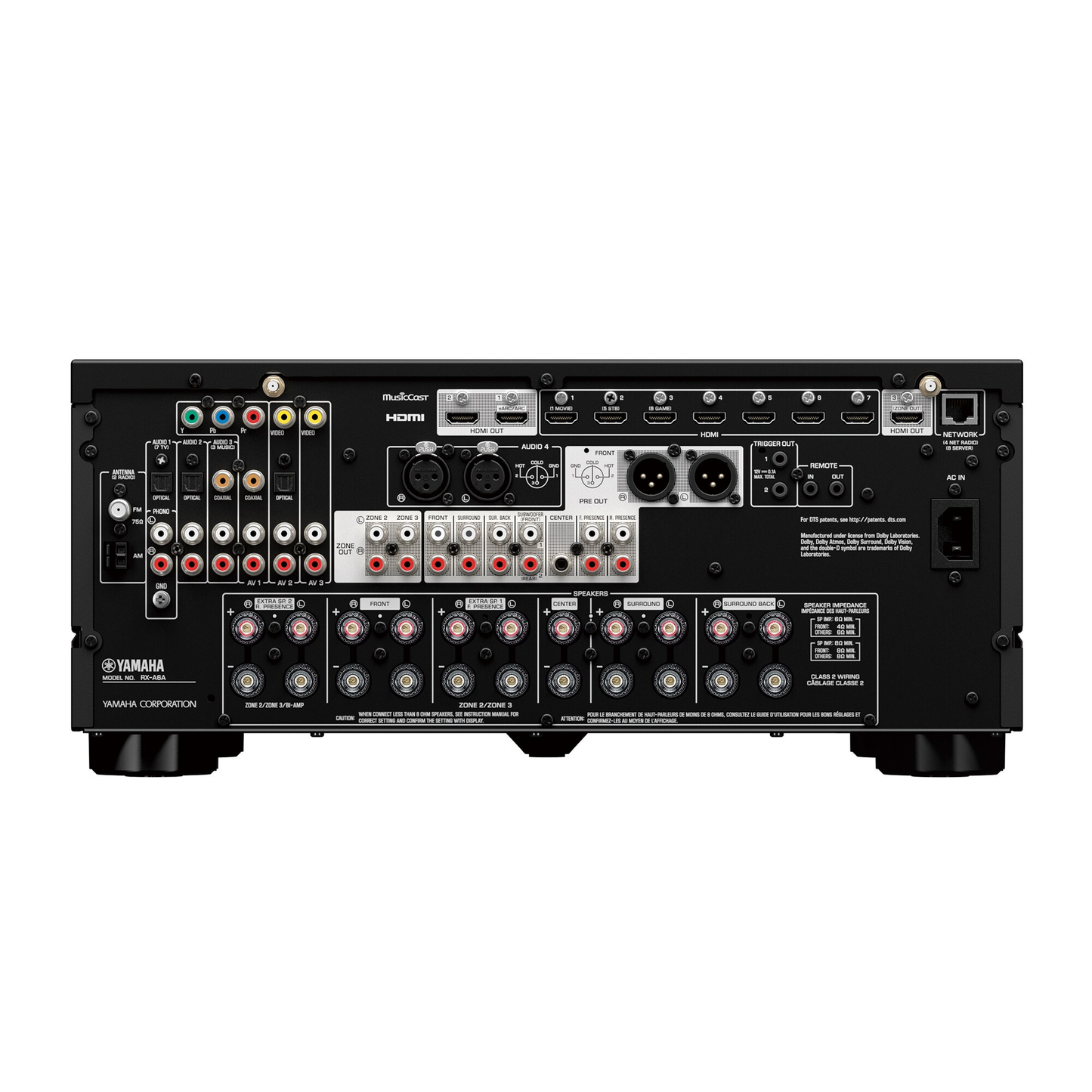 Yamaha RX-A6A AV-Receiver Schwarz Rückansicht mit HDMI-Anschlüssen, XLR-Pre-Outs und Lautsprecherterminals