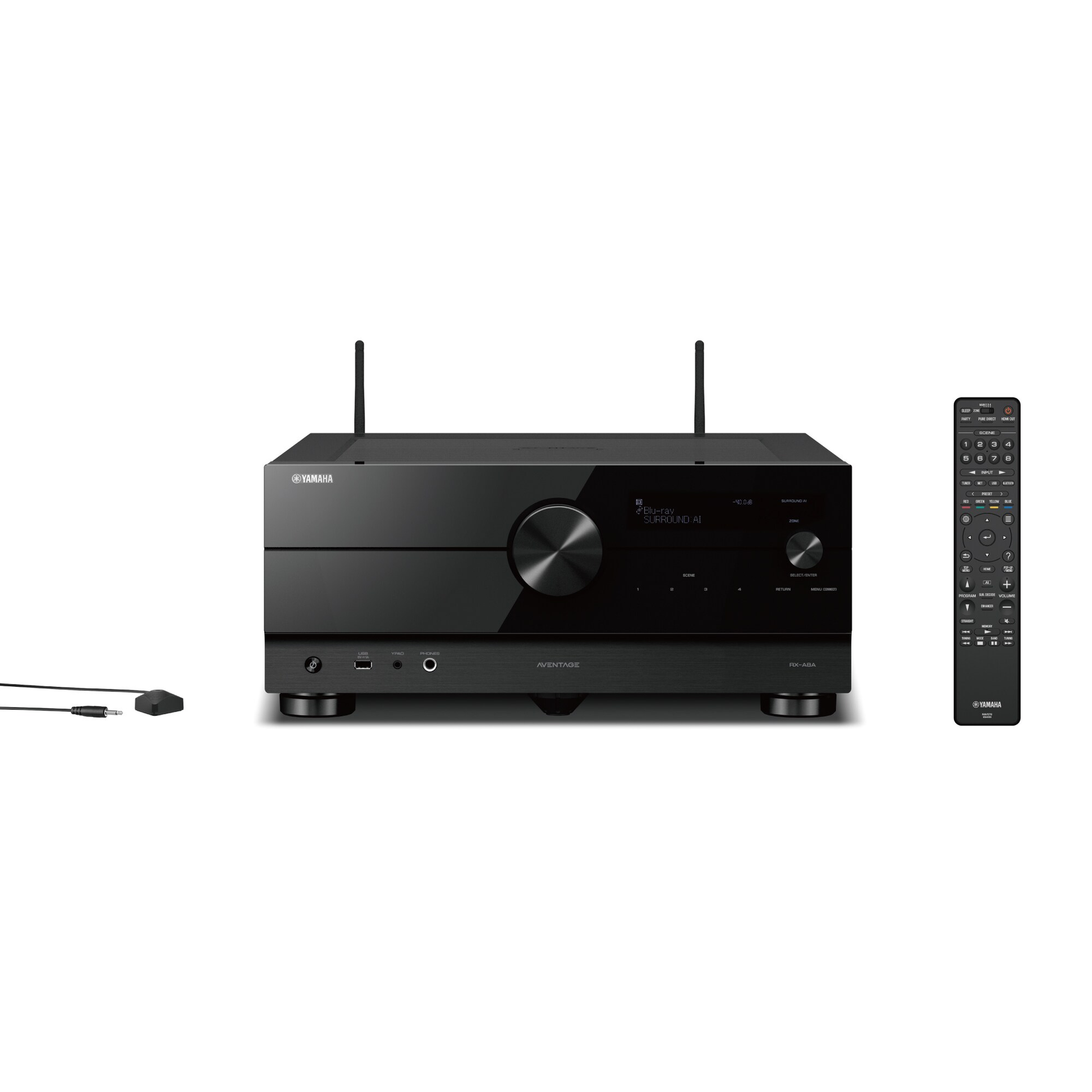 Yamaha RX-A8A AV-Receiver Schwarz Frontansicht mit aufgestellten Antennen und Fernbedienung