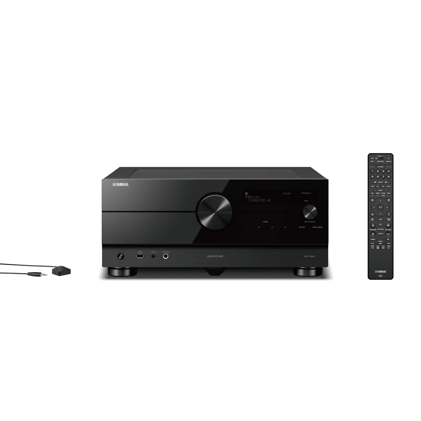 Yamaha RX-A8A AV-Receiver Schwarz Frontansicht mit Fernbedienung und Einmessmikrofon