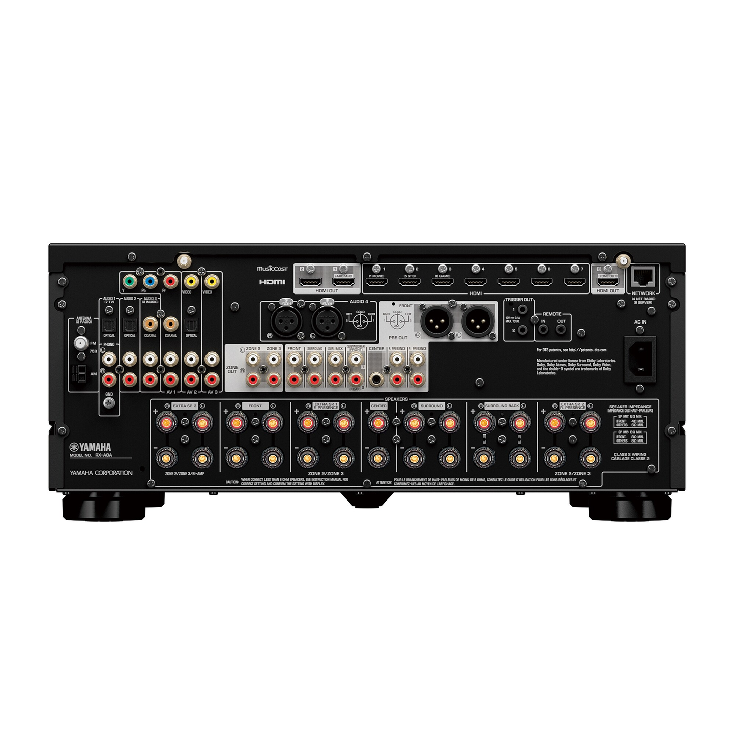 Yamaha RX-A8A AV-Receiver Schwarz Rückansicht mit XLR-Pre-Outs, HDMI-Anschlüssen und Zonen-Terminals
